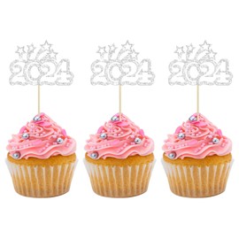 24 decoraciones para cupcakes de Año Nuevo 2024 con purpurina plateada, bienvenido a 2024 para decoraciones de tartas de Año Nuevo 2024