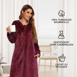 Figarge Bathrobe for Men and Women with Zip and Hood Long Bathrobe Front Pockets Sauna Gown Flannel Bathrobe, Burgundy red