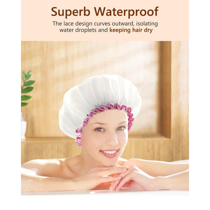 mikimini White Shower Cap Waterproof Reusable, Double Layers Bathing Hair