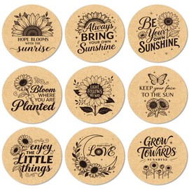 ANATTASOUL Round Wooden Coasters, Pack of 9, Sunflower Wooden Coasters, Reusable Coasters, Glasses, 10 cm, Cup Coaster Mat for Home, Office and Bar, Table Decoration, Summer