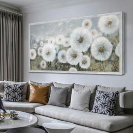 Ardemy Flowers Wall Art Canvas Dandelions White Gold Painting Landscape Floral Picture Hand Painted Textured Large for Living Room Bedroom Bathroom Home Office Decor, Large Wood Grain Framed 40"x20"
