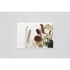 Poster Reproduction of eco natural coconut soap and brushes for washing dishes, metal straws, eco friendly flat lay. sustainable lifestyle concept. zero waste food cleaning. plastic free items
