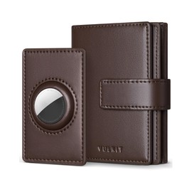 VULKIT Men's Leather Wallet with Airtag Card Case, Mini Wallet for Max. 10-14 Cards, RFID Protection, brown, Minimalist