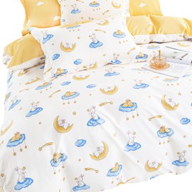 MEJU Rabbit Moon Star Cloud Cute Duvet Cover + Pillowcase 100% Cotton 3 Pcs Full Queen Bedding Set with Zipper Closure for Teen Boys Girls Bed Decoration Gift (Rabbit Sleeping, Queen 90" X 90")