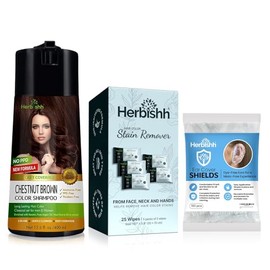 Herbishh Chestnut Brown 3 in 1 Hair Dye Shampoo 400 ML PPD Free + Hair Color Stain Remover Wipes 25 pcs + Hair Dye Stain Protection for Ears 100 pcs