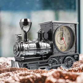 FAVOMOTO Grey Retro Train Clock Model Train Locomotive Clock Table Time Steampunk Decoration Home Office Shelf Model Time (No Battery)