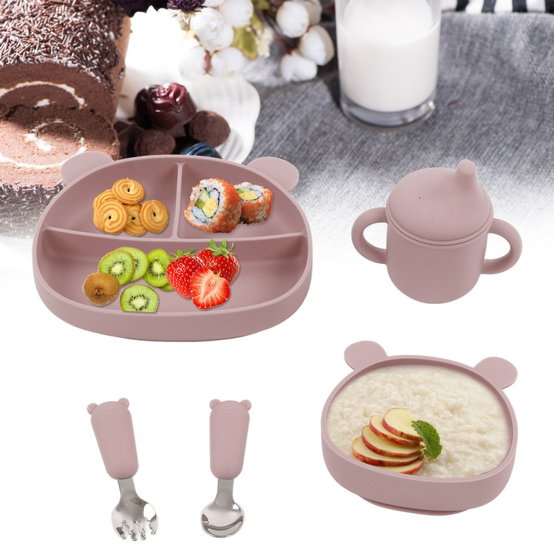 5pcs Baby Feeding Kit Food Grade Silicone Bear Design Plate