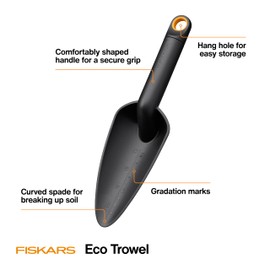 Fiskars Eco Trowel with Curved Spade, Ergonomic Handle, UV Resistance, Durable, Eco-Friendly Tool for Planters and Garden Beds