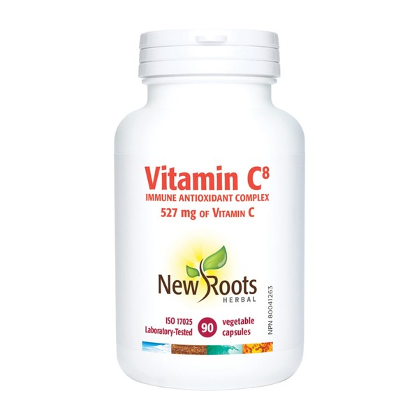 NEW ROOTS HERBAL Vitamin C8, 527mg per Portion (90 Veg Caps) – 8 Sources of Vitamin C with Bioflavonoids, Green Tea & Zinc – Powerful Immune Support