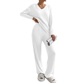SHEWIN Pajamas for women Long Sleeve Sweater 2 Piece Sets Fall Fasion 2025 Casual Ribbed Knit Lounge Set White M