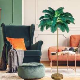 YUOXU Feather Floor Lamp,50 Piece,Natural Ostrich Feather Floor Lamp for Living Room Bedroom,63″(160cm) Height, 3 Color Temperatures Christmas Decoration House Warming Gifts New Home Decor (Green)