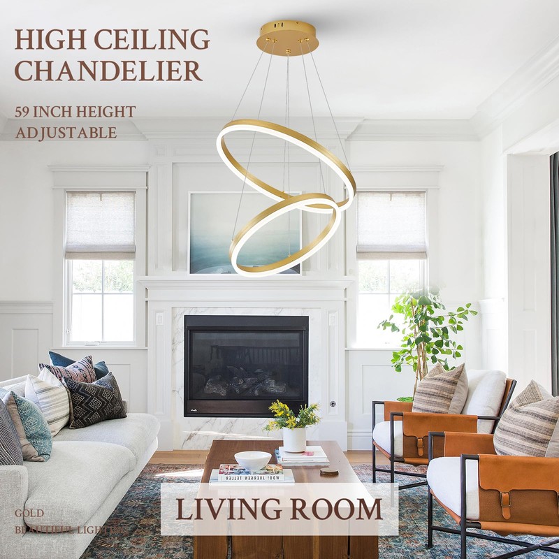 Sparklelf Modern LED Chandelier Gold 2-Rings Pendant Light Circular Flush