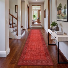 Hedlive Vintage Non Slip Hallway Runner Rug, 2.6x8 Machine Christmas Runner Rug for Bedroom Kitchen Floor, Ultra-Thin Soft Carpet Runner for Entryway Bathroom Laundry Room (2'6"x8', Red)