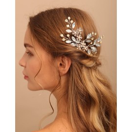 Deniferymakeup Opal Hair Comb Crystal Bridal Hair Pieces Floral Hair Accessories Prom Hair Pieces for Women and Girls (Gold)