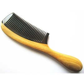 Myhsmooth Gb-yb-nt Handmade No Static Black Buffalo Horn Comb with Green Sandalwood Handle (Rounded)