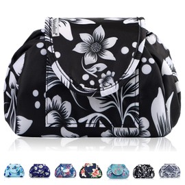 Lazy Drawstring Make up Bag Portable Large Travel Cosmetic Bag Pouch Travel Makeup Pouch Storage Organiser for Women Girl (Black Floral)