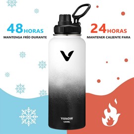 E T EASYTAO | Termo de Acero Inoxidable, Termo con 2 Tapas, para Agua Fría (24 horas) Caliente (12 horas), Doble Pared y Tapa Hermética Antigoteo, con Asa para Transportar (1180ml/40Oz, Blanco-negro)