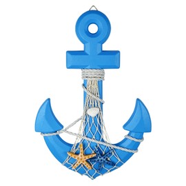 Woboeio Nautical Anchor Decor,13 Inch Wood Anchor Wall Decor with Starfish Fishing Net Shell,Nautical Wall Art for Beach House,Home,Door Frame,Boat(Blue)