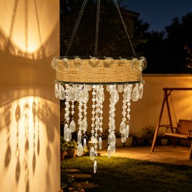 Solar Outdoor Hanging Chandelier, Waterproof Rustic Rattan Hanging Light with Bright Warm White LED, Decorative Pendant Lamp for Patio, Gazebo, Wedding, Party, Garden, Porch