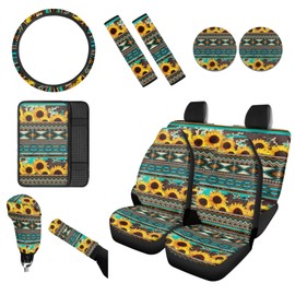 Wanyint Southwest Aztec Sunflower Car Seat Covers Full Set, with Front Rear Seat Protector Steering Wheel Cover Seat Belt Strap Cover Armrest Pad Handbrake Cover Gear Shift Cover Coasters Auto Decor