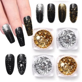 siyuwuro 4 Bottles Nail Foil Glitter Flakes 3D Sparkly Gold Silver Sequins for Nails, Nail Art Decoration Supplies Glitter Foil Flakes for Nail Art Design, Makeup, Jewelry, DIY Crafts