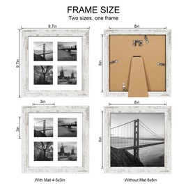 Hongkee 8x8 Picture Frame Set of 2, with Glass and Distressed White Wood Frames, Display Collage Four Opening 3x3 With Mat or 8 x 8 Without Mat for Wall Hanging or Tabletop