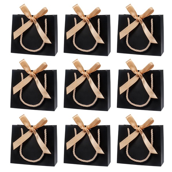 10 Pack Small Black Gift Bags with Ribbons and Handles,
