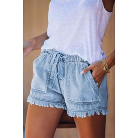 HVEPUO Women's Cotton Linen Shorts, Elastic Band Hot Pants, Summer Wide Shorts, A-light blue
