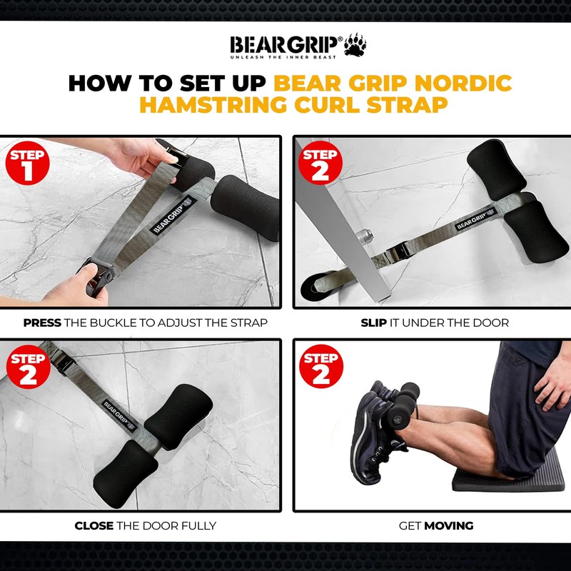 BEAR GRIP Adjustable Hamstring Curl Strap with Kneeling Mat for