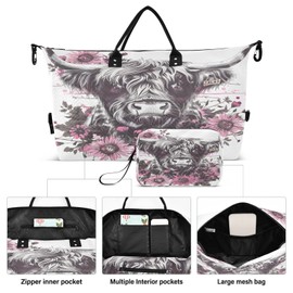 Travel Duffle Bag Weekender Bags Overnight Bag with Toiletry Bag Gym Duffel Bag Highland Cow Pink Floral for Travel Business Trips Sport