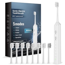 Generic Cepillo de dientes eléctrico sónico con 180 días de autonomía y 8 cabezales de cepillo blancos.