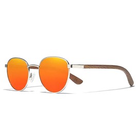 KINGSEVEN Walnut Wood Round Sunglasses Men Women Polarized Mirrored Stylish Retro Glasses W5519 (W5519-Orange)