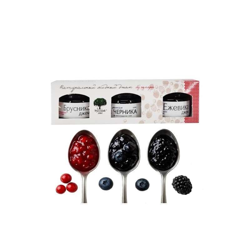 Russian Forest Assorted Premium Jams RED With Lingonberry, Blackberry, Blueberry,