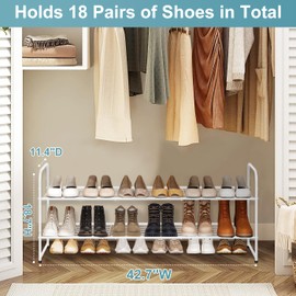 AOODA Long 2 Tier Shoe Rack for Closet Metal Wide Stackable Shoe Storage Organizer for Entryway, Bedroom, Floor, 18-Pairs Low Sneaker Shelf, White