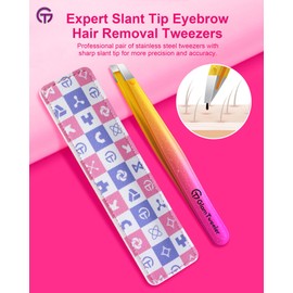 Expert Eyebrow Hair Removal Tweezer with Leather Case, GlamTweeler High Precision Slant Tip Stainless Steel Tweezers for Men and Women (Sparkle Fuchsia & Yellow)