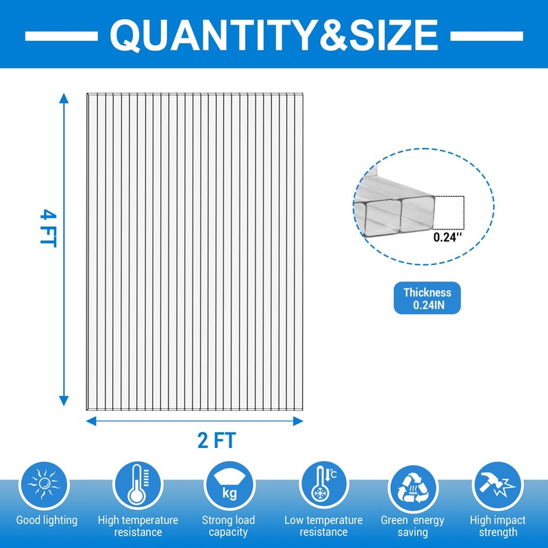 XISOCO 6PCS 4' x 2' x 0.24'' Polycarbonate Greenhouse Panels,