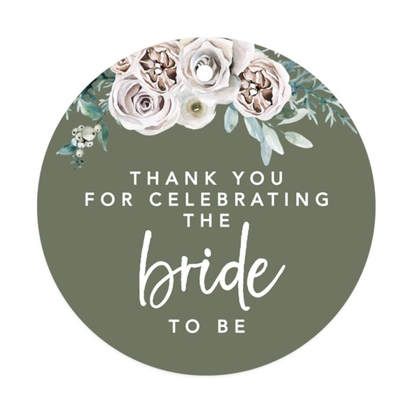 Andaz Press Sage Green with Cream Floral Blossoms Fall Wedding Party Collection, Round Circle Gift Tags, Thank You for Celebrating The Bride to Be, Floral Bouquet, 24-Pack