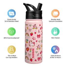 BJPKPK Insulated Water Bottle with Straw Lid, 18 oz Stainless Steel Metal Water Bottles, Reusable Leak Proof BPA Free Water Bottles, Cups, Thermos, Unicorn