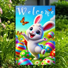 BlissYard Happy Easter Garden Flag 12x18 Inch Double Sided Welcome Bunny Easter Egg Design Small Outdoor Yard Flag Cute Spring Easter Banner for Porch Lawn Patio Garden Decor