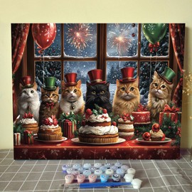 Christmas Cats Paint by Numbers for Adults Beginner Kittens Celebrate Christmas Oil Painting Kits on Canvas with Brushes and Acrylic Painting Crafts DIY Home Wall Decor 16X20 Inch (Frameless)