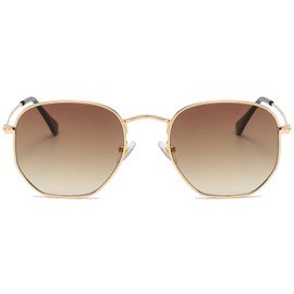 JCTAIFOO Fashion Polygon Sunglasses for Men and Women Lightweight Hexagonal Metal Frame UV400 Protection Glasses, Gold/Brown Gradient