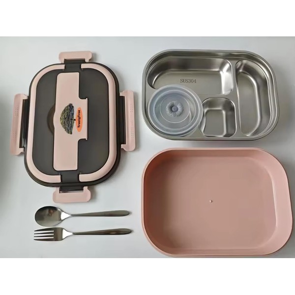 TrustyTree Insulated Pink Lunch Bento Box with Cutlery, 4 Compartments