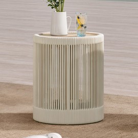 CHITA Outdoor Boho Wicker Side Table with Adjustable Foot Leveler and Acacia Wood Top,16 Inch Patio Rattan End Table, Fully Assembled(Cream)