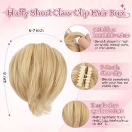 SEGOHAIR Claw Clip Short Ponytail Hair Extensions Messy Bun Hair Piece for Women with DIY Bendable Metals Straight Synthetic Fake Hairpieces #86H613 Light Blonde/Bleach Blonde