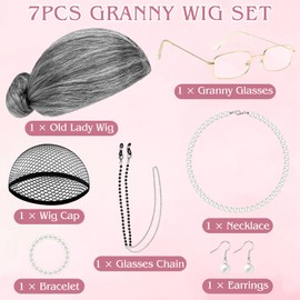 PLULON 7Pcs Grandma Wig Old Lady Costume Set, Gray Funny Wig with Cap Granny Accessories for Crazy Hair Day Cosplay Costume Halloween Fun Cosplay Party Supplies