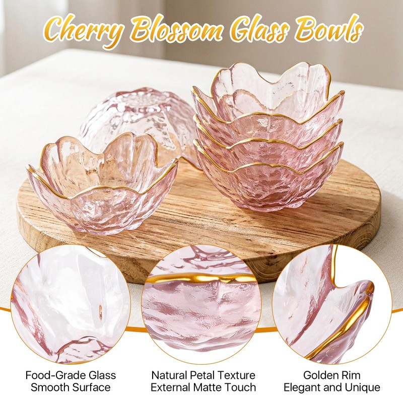 8 Pcs Gold Rim Pink Cherry Blossom Glass Bowls and