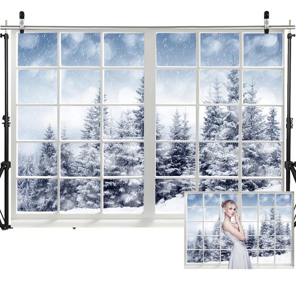 DHXXSC 7X5FT Snow Window Background Winter Wonderland Forest Scene Backdrop