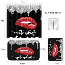 Arttown Black Bathroom Sets with Shower Curtain and Rugs and Accessories, Diamond Glitter Get Naked Shower Curtain Sets, Lips Shower Curtains for Bathroom,Black and Red Bathroom Decor 3 Pcs