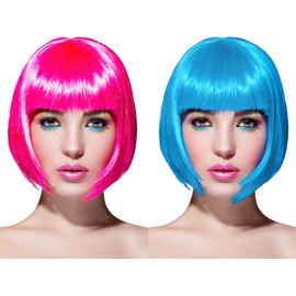 2 Pieces Short Bob Hair Wigs Colorful Cosplay Costume Wig Daily Party Hairpiece for Women Girls (Pink, Blue)