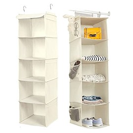 BrilliantJo 5 Shelves Hanging Closet Organizer, 2 Pack Hanging Storage with 6 Side Pockets for Clothes Shoes, 42.5"x11.8"x11.8"(Beige)